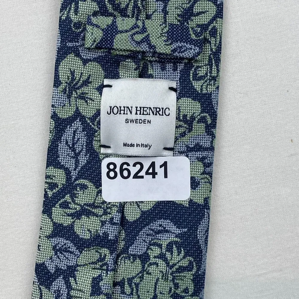 JOHN HENRIC Tie 100% Silk Floral Woven Jacquard Necktie Blue Italy